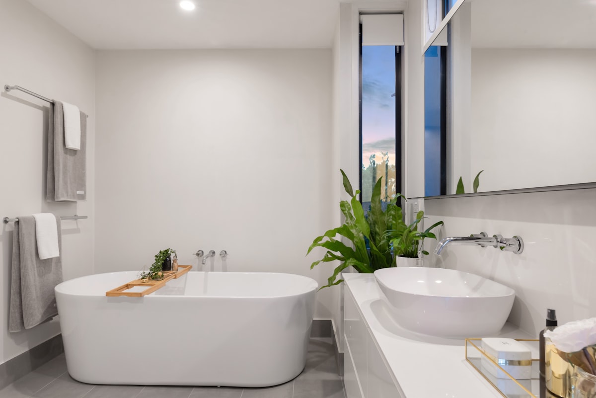 Newly renovated bathroom with freestanding bath and basin